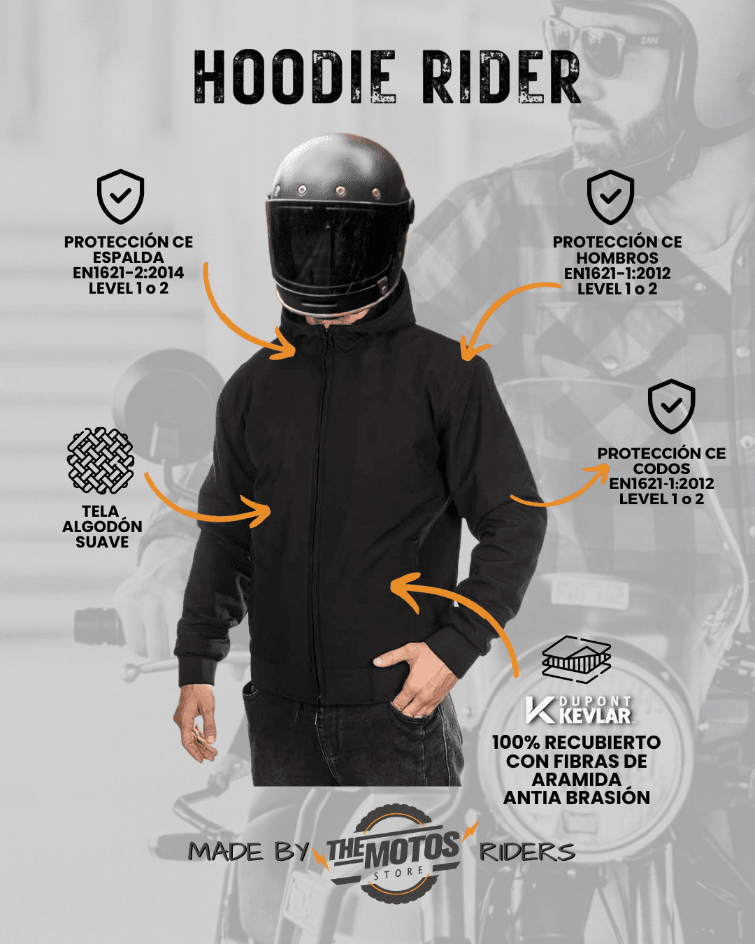 Poleron con protecciones «REBEL HOODIE RIDER»