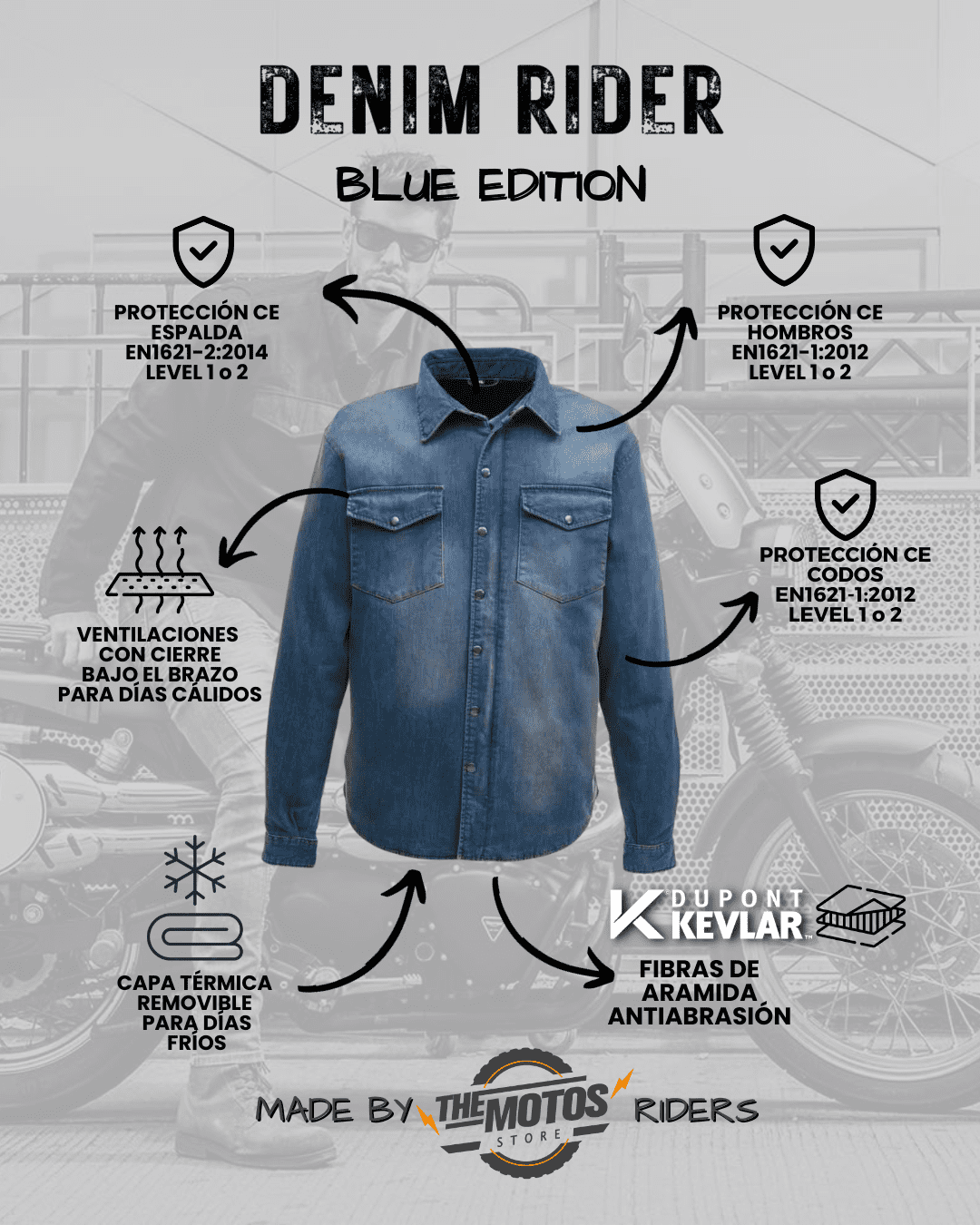 Camisa Protectora THE MOTOS «DENIM RIDER»™ AZUL