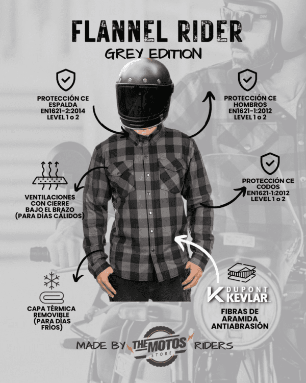 Camisa Protectora Moto «FLANNEL RIDER»™ GRIS